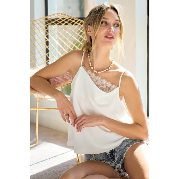BiBi Solid Spaghetti Straps Lace Trim Detailing Square Neck Tank Top | Taupe - Picture 5 of 11